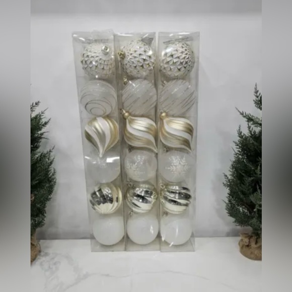 6" Christmas White & Gold Glitter Glass Ball Ornaments 3 SETS OF 18 TOTAL - Picture 3 of 9